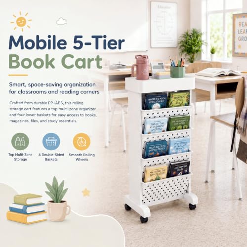 5-Tier Rolling Bookshelf Cart with Wheels, White | Slim Mobile Book Cart, Plastic Magazine Rack Rolling File Paper Organizer for Home Office Study Classroom Living Room - color: White, size: 5-Tier 26"H