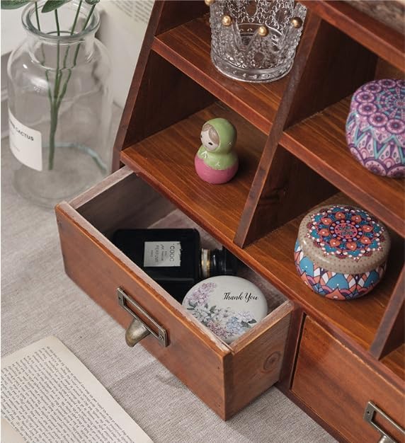 Xiaooooyez Wooden Desktop Organizer, 6 Compartments and 2 Drawers, 15.7 x 4.5 x 11 inches, Mahogany Wood Storage Cabinet