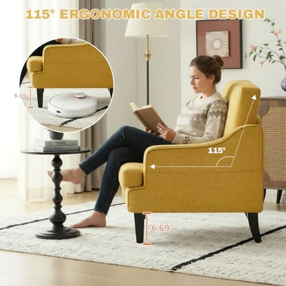 Set of 2 Accent Chair for Living Room,Mid-Century Arm Chair Chenille Fabric Living Room Chairs,Upholstered Reading Chair for Bedroom,Single Sofa Chair with Wood Legs for Apartment (Yellow) - color: Yellow