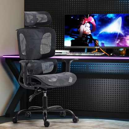Black Ergonomic Mesh High Back Office Chair | Lumbar Support, Adjustable Headrest, 3D Armrests, Reclining, Breathable Mesh, Sturdy Base, 360° Swivel, for Office, Gaming - color: Black, style: Upgrade w/o footrest