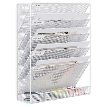 EasyPAG 5 Tier Wall File Holder, Mesh Hanging Folder Organizer with Classify Label, Versatile Desk File Holder, Vertical Wall Mounted Mail Organizer for Office Home Cubicle, White - color: White