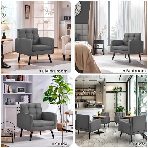 Yaheetech Mid Century Accent Chair Living Room Chair Dark Gray | Linen-Like Upholstered Sillones Para Sala, Modern Reading Nook Chair, Button Tufted Back, Rubberwood Legs, Bedroom Office - color: Dark Gray, size: set of 1