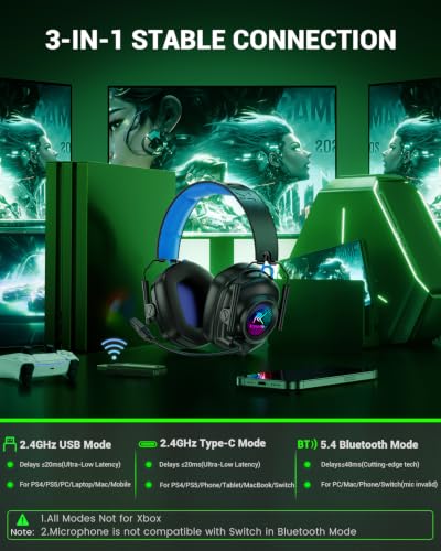 Wireless Gaming Headset with Mic for PS5, PS4 & PC, 7.1 Surround Sound - color: Blue