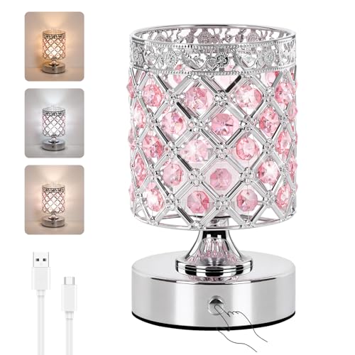 TOBUSA Pink Crystal Rechargeable Table Lamp, Cordless 6000mAh Battery Operated Lamp with 3 Color & Stepless Dimming,Silver Portable Touch Small Desk lamp for Bedroom, Living Room, Office, Bar - color: Pink