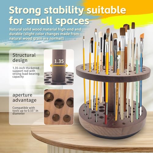360° Rotating Hardwood Paint Brush Holder, Artist Desktop Storage Organizer - color: brown（52 Holes）