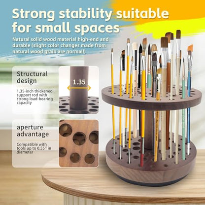 360° Rotating Hardwood Paint Brush Holder, Artist Desktop Storage Organizer - color: brown（52 Holes）