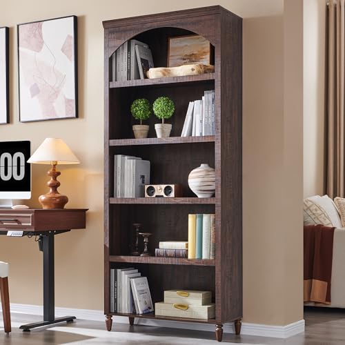 IFGET 76" Tall Arched Bookcase, Farmhouse Large Arched Bookshelf, Brown | 5 Tiers Arch Cabinet w/Adjustable Shelves, Modern Wooden Book Shelf w/Storage & Open Display Shelves for Living Room, Office - color: Brown, size: Large