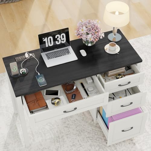Vabches Farmhouse 47" Computer Desk with 4 Drawers, Black | Executive Desk with File Drawer and Charging Station, Workstation for Home Office, Study - color: Black With Charging Station