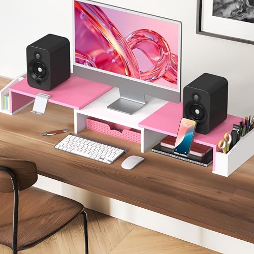 Simple Houseware Desk Dual Monitor Stand Riser with Drawer, Pink - color: Pink
