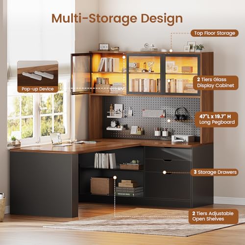 SEDETA L Shaped Computer Office Desk with 3 Wood Drawer and Large Bookshelf - color: Brown