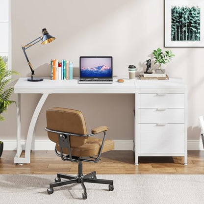 Tribesigns 59 Inch Computer Desk with 3 Drawers, Industrial PC Desk Study Writing Table Workstation with File Storage, Home Office Desks with Large Desktop and Metal Frame, (White) - color: White
