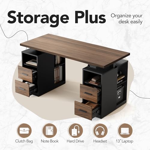 HUANUO 55" Standing Desk with Drawers, Executive Electric Height Adjustable Stand Up Desk with Storage, Black Walnut - size: 55"