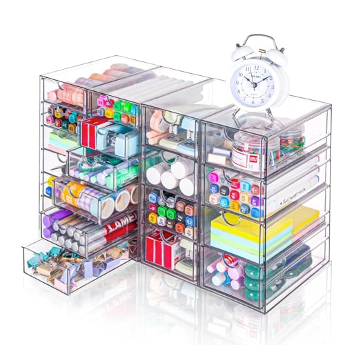 VZKAH Clear Acrylic Desk Organizer with 20 Drawers, 4 Modular Units | 4-piece clear drawer set for office supplies, crafts, makeup, and small daily items on desks, vanities, counters