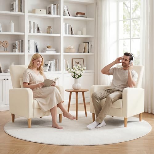 COLAMY Mid-Century Modern Accent Chairs Set of 2, Fabric Upholstered Living Room Chairs with Back Pillow & Solid Wood Legs, Comfy Armchair for Living Room, Bedroom, Single Sofa, Beige - color: Beige, size: Set of 2