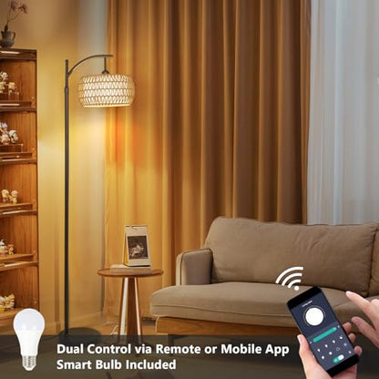 Arc Floor Lamp with Remote Control, Dimmable LED Floor Lamp with 3 Color Temperature, Black Standing Lamp with Rattan & Fabric Double Drum Shade, Boho Farmhouse Tall Pole Lamp for Living Room Bedroom - style: Bohemian