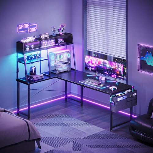 AODK 59 Inch L Shaped Gaming Desk with Display Shelves, LED Lights, Black - size: 59 Inch
