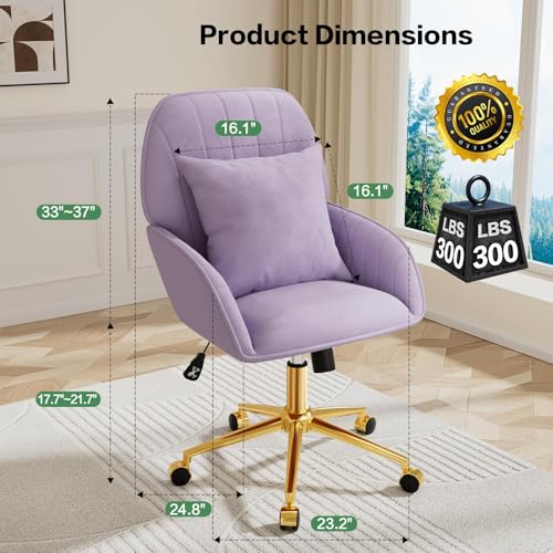 Home Office Desk Chair Comfy with Adjustable Swivel Wheels, Modern Velvet Makeup Vanity Chair with Back & Pillow, Ergonomic Office Chair Computer Task Chair for Living Room, Bedroom, Purple - color: Purple