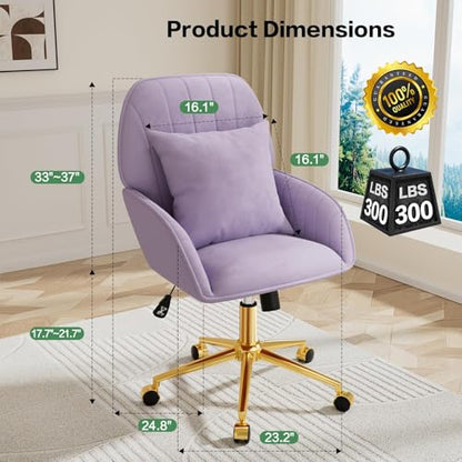 Home Office Desk Chair Comfy with Adjustable Swivel Wheels, Modern Velvet Makeup Vanity Chair with Back & Pillow, Ergonomic Office Chair Computer Task Chair for Living Room, Bedroom, Purple - color: Purple