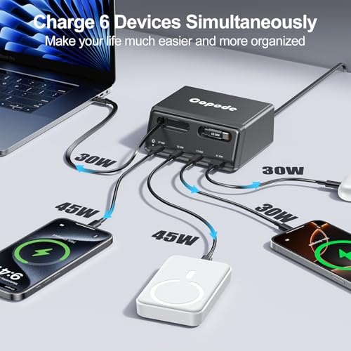 6-in-1 Retractable Charger GaN USB C for iPhone/Android Multiple Devices | 150W Charging Station with Dual Retractable Cables for iPhone 17/16,iPad,MacBook and More-Desktop Charger for Home,Office