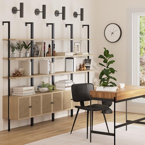 Nathan James Theo Industrial Open Shelf Bookcase with Accent Rattan Drawers Light Oak Wood, Matte Black Frame, Set of 4 - color: Theo Light Oak/Black, size: Set of 4