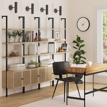 Nathan James Theo Industrial Open Shelf Bookcase with Accent Rattan Drawers Light Oak Wood, Matte Black Frame, Set of 4 - color: Theo Light Oak/Black, size: Set of 4