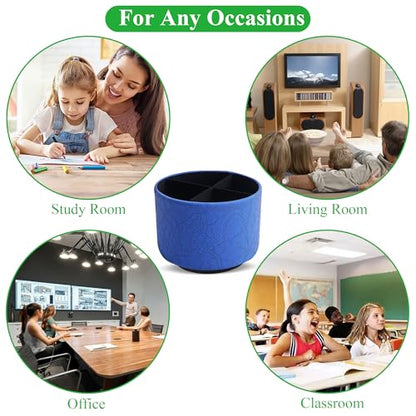 Round Leather Art Supply Organizer,Remote Control Holder,360 Degree Spinning,Multi-Functional Pencil Holder,4 Compartments Desktop Stationary Organizer(1-Lace Flower Blue) - color: 1-Lace Flower Blue