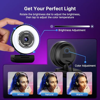 NexiGo N680E Pro 4K Webcam with Ring Light, PDAF Autofocus, 1080p 60FPS, Dual Noise-Canceling Mics, Privacy Shutter, USB Plug-and-Play for Zoom, Teams, Twitch, Google Meet - style: 4K Webcam with Light