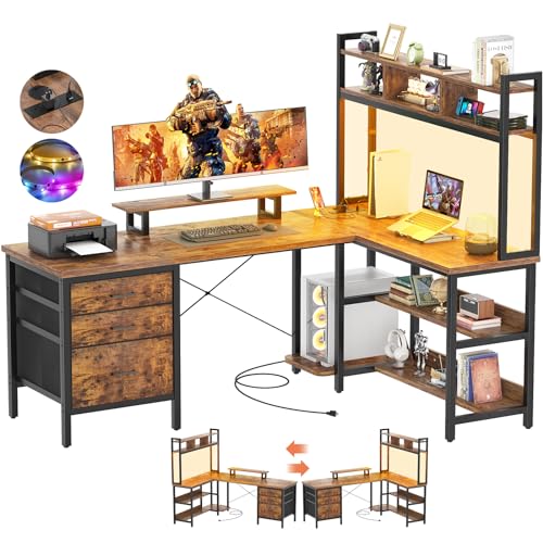 Aheaplus L Shaped Desk with Hutch, Gaming Desk with Led Lights, Reversible Computer Desk with Power Outlet, Corner Desk with File Drawer & Monitor Stand, Storage Shelves for Home, F1, Rustic Brown - color: Rustic Brown