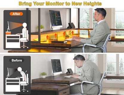 EnHomee 104" L Shaped Desk, 4 Layout Convertible RGB Lights & Monitor Stand - color: Rustic Brown