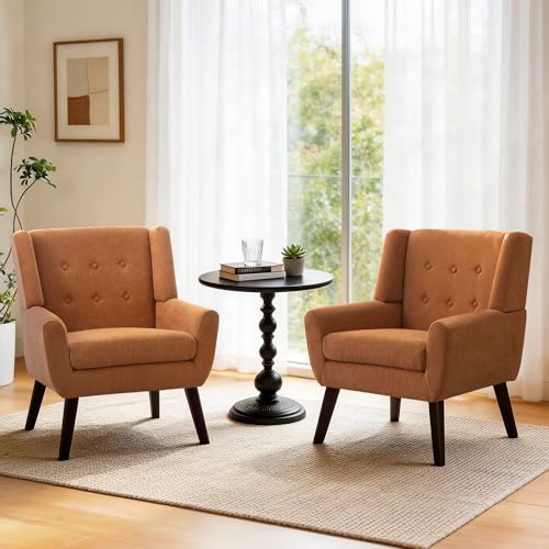 HUIMO Living Room Chairs Set of 2,Upholstered Button Linen Accent Chair | Mid Century Fabric Modern Armchair,Comfy Arm Club Sofa Chairs for Living Room Reading Bedroom,Waiting Room Orange 2PCS - color: Orange