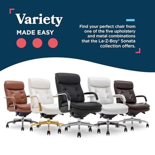 La-Z-Boy Sonata Executive Mid-Back Office Chair, Button-Tufted Seat and Back, Double-Layer Cushion, Padded Armrests, Ergonomic Computer DeskChair, Swivel Metal Base, Bonded Leather, Black/Chrome - color: Black and Chrome