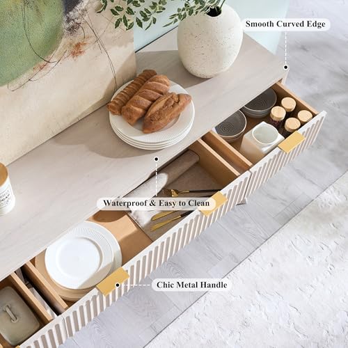 T4TREAM 60 Inch Fluted Buffet Sideboard Cabinet, White Alder | Modern Coffee Bar Storage Cabinet With 3 Drawers & 4 Doors, for Dining Room, Living Room, Hallway, Adjustable shelves - color: White Alder
