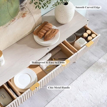 T4TREAM 60 Inch Fluted Buffet Sideboard Cabinet, White Alder | Modern Coffee Bar Storage Cabinet With 3 Drawers & 4 Doors, for Dining Room, Living Room, Hallway, Adjustable shelves - color: White Alder