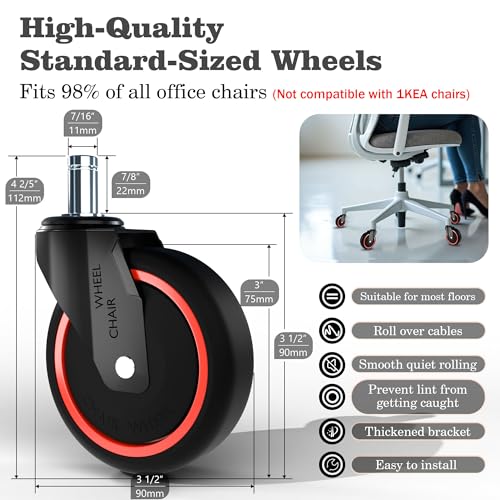 Anti-Tangle Office Chair Casters 5-Pack- 650LB Capacity, 7/16" x 7/8" Stem Size, 3 Inch PA Wheels for Carpet, Tile, Hardwood,360° Smooth Rolling, Low-Noise, Fits Most Chairs,Fits Most Chairs - color: Black Red, size: 11mm-Fit Most