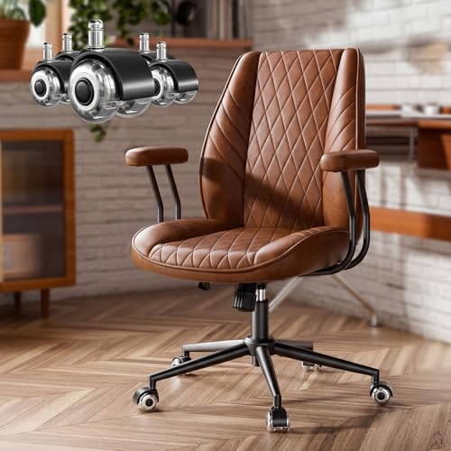 Brown Leather Office Desk Chair with Quiet Rubber Wheels, Height Adjustable, Padded Arms, Vintage Mid Century Office Chair, Retro Style Desk Chair - color: Brown