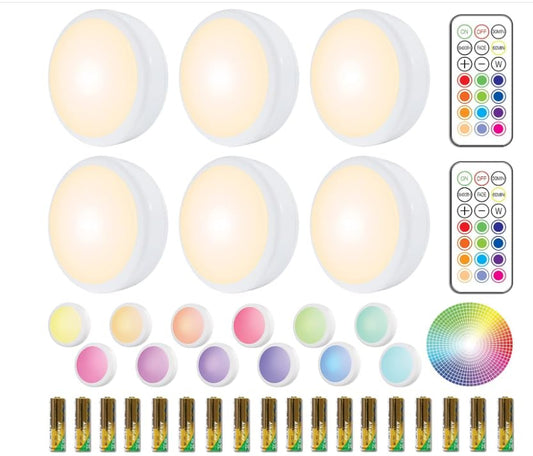 HELPLEX LED Puck Lights with Remote, 6 Pack Color Changing RGBW, Battery Powered Under Cabinet Lighting, Dimmable with Timer & Memory, Stick-On Wireless Light with 18 AA Batteries Included - color: White, size: 6 Pack With Battery