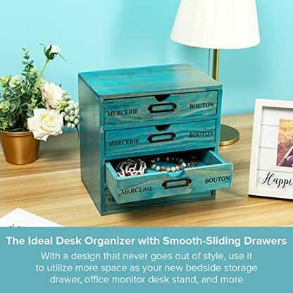 Turquoise 4-Tier Drawer Unit - Teal European Country Style Desk Organizer Box - 9.7x7x10 Wooden Stackable Drawers - Countertop Organizer Drawers w/Label Holder - 4-Level File Drawer Unit - style: 4 Drawer I 10"
