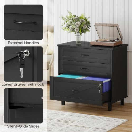 Quikraen 3-Drawer Wooden File Cabinet with Lock, Large Lateral Filing Cabinet with Hanging File Folders, Farmhouse Style Office Organizer Printer Stand for Home Office, Black 32 inch
