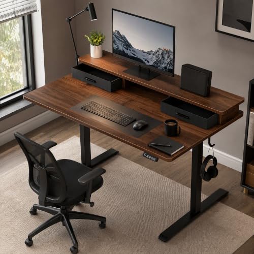 Grandder Electric Standing Desk with Two Drawers, Sit to Stand Up Height Adjustable Desk with Storage Shelf for Home Office, 47 * 24 Inch, Study, Ergonomic Adjustable Computer Desk, Walnut - color: Walnut, size: 47 Inch