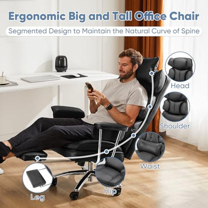 DUMOS Ergonomic Home Office Desk Chair, Executive Chair, PU Leather | Big Tall High Back, Lumbar Support, Reclining Height Adjustable, Computer Gaming, Footrest Swivel Wheels, Black - color: Black
