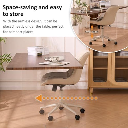 YOUNIKE Faux Leather Office Desk Chair Comfy Vanity Chair Armless Cream | Ergonomic Upholstered Rocking Back, Swivel with Wheels, Height Adjustable, Modern Task Chair For Computer Sewing Drafting - color: Cream
