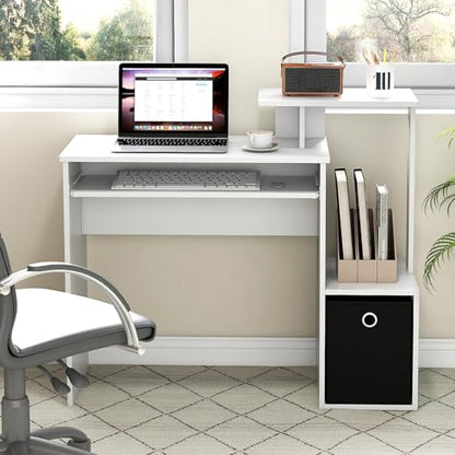 GIANTEX White Computer Desk with Drawers & Keyboard Tray, Modern Home Office Desk with Storage Shelves & Printer Stand, Laptop PC Table for Workstation, Study Writing Desk for Small Spaces, Bedroom