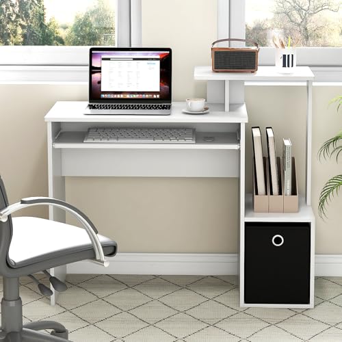 GIANTEX White Computer Desk with Drawers & Keyboard Tray, Modern Home Office Desk with Storage Shelves & Printer Stand, Laptop PC Table for Workstation, Study Writing Desk for Small Spaces, Bedroom