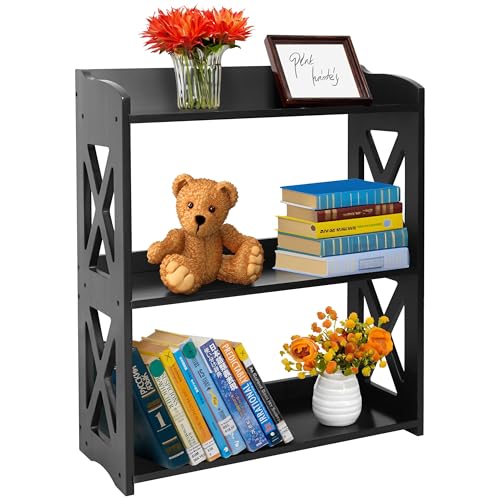 Black Bookcase by Natural Wood, 3 Tier Bookshelf, Small Book Shelves Freestanding Display Storage Shelves. Open Bookshelf for Bedroom, Living Room and Office (Black, 3 Tier) - color: Black, size: 3 Tier