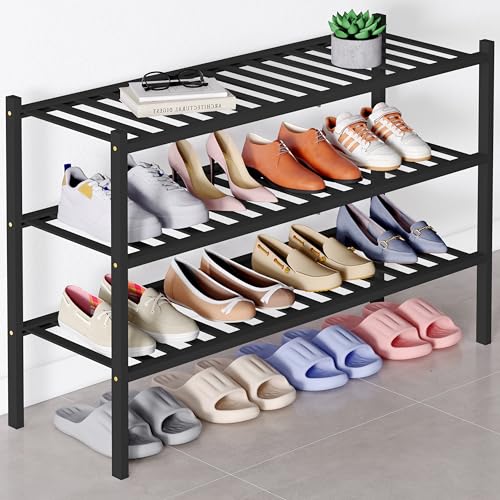 Smiry Bamboo Shoe Rack for Closet, 3 Tier - 33.86" Wide, Black | Stackable Wooden Shoe Organizer, Wood Shoe Storage Shelf for Entryway, 16 Vertical Slats, Reinforced Legs - color: Black, size: 3 Tier - 33.86" Wide