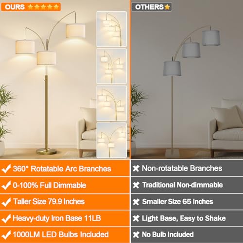 Dimmable Floor Lamp, 3 Lights Brass Arc Floor Lamp, Modern Tall Standing Tree Lamp with Beige Linen Shades & Heavy Base, 3000LM LED Bulbs, Bright Lighting for Living Room, Bedroom, Office & Reading - color: Brass-White Shade