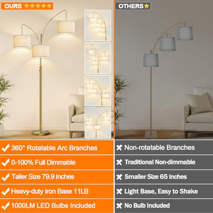 Dimmable Floor Lamp, 3 Lights Brass Arc Floor Lamp, Modern Tall Standing Tree Lamp with Beige Linen Shades & Heavy Base, 3000LM LED Bulbs, Bright Lighting for Living Room, Bedroom, Office & Reading - color: Brass-White Shade