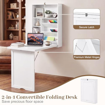 Tangkula Folding Wall Mounted Desk, Convertible Fold Out Floating Table with Storage Shelves, Space-Saving Drop Leaf Table, Murphy Desk for Craft, Study, Small Spaces, Home Office, Dorm, White - color: White