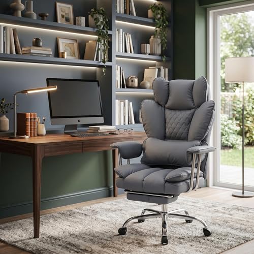 Big and Tall Office Chair with Pocket Spring Cushion, High Back Ergonomic Desk Chair for Home Office, Thick Padded Seat, Adjustable Armrests & Lumbar Support, with Footrest, PU Leather, Gray - color: Gary