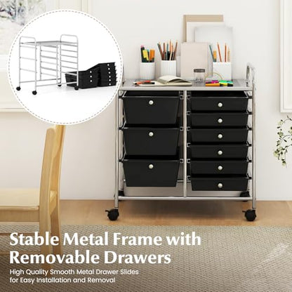 RELAX4LIFE 9 Drawer Rolling Storage Cart - Mobile Drawer Carts for Craft Art Supply Paper Salon, Utility Cart on Wheels for Classroom Teacher School Office, Rolling Cart with Drawers (Black) - color: Black, style: 9 Drawers